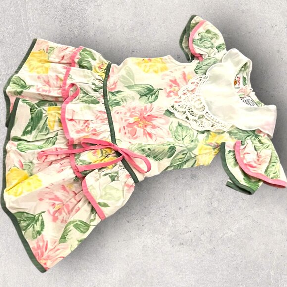 2T Girls Vintage Winnie the Pooh 80s Floral Spring Dress Lace Bib, Tiered Skirt - Picture 2 of 8